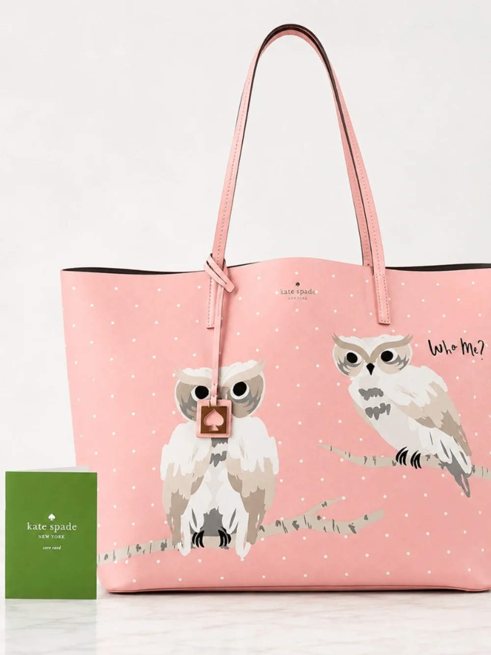 Retired Kate Spade New York “Who Me?” owl tote with Care Card.